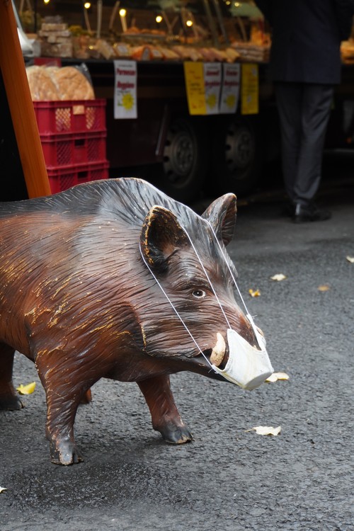 Wildschwein-Statue mit Mundschutz auf dem Wochenmarkt Kaiserstraße