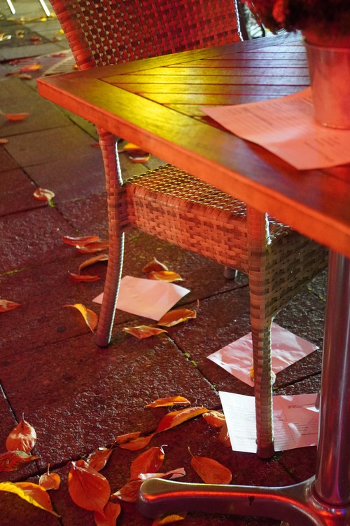 Registrierungszettel auf Tisch und Boden. Laub. Restaurant/ Bar Bull and Bear am Börsenplatz