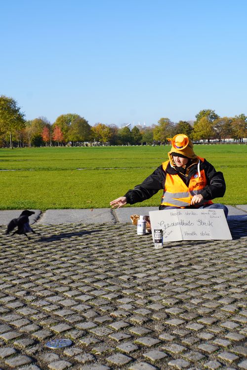 Gesundheits Streik. Health Strike. Vogel, füttern. Stichworte nach Gespräch: Jesus, Wiedergeburt, Alte selbst entscheiden lassen