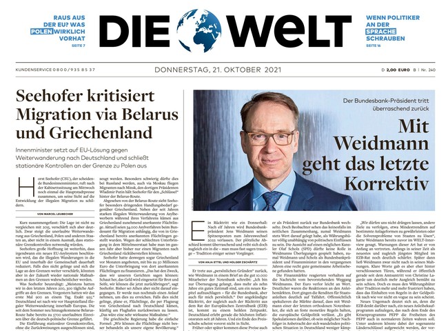 Die Welt Zeitung 21. Oktober 2021