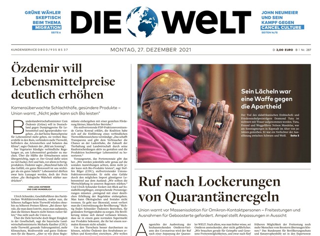 Die Welt Zeitung 27. Dezember 2021