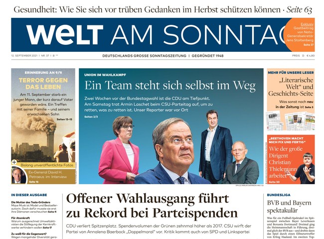 Welt am Sonntag Zeitung 12. September 2021